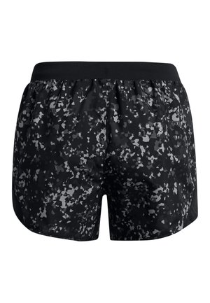 Pantalones cortos deportivos negros con un patrón abstracto gris y una amplia cinturilla elástica negra, vistos desde atrás.