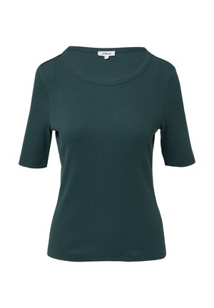 Dunkelgrünes T-Shirt mit kurzen Ärmeln, aus geripptem Stoff, mit einem runden Ausschnitt und einer figurbetonten Silhouette. Keine sichtbaren Muster oder Akzente.