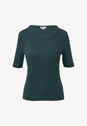 Donkergroene t-shirt met korte mouwen, gemaakt van ribbelstof, met een ronde halslijn en een getailleerde pasvorm. Geen zichtbare patronen of accenten.