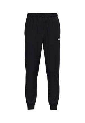 Black athletic jogger pants with elastic waistband and cuffs, featuring a small white "JAKO" logo on the upper right thigh.
