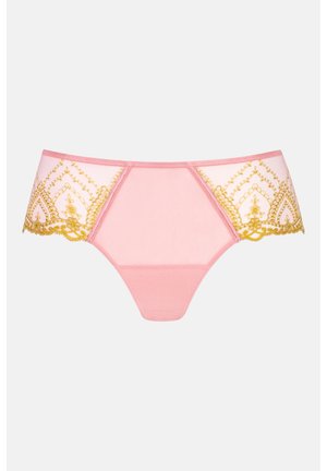 Culotte en dentelle rose ornée de broderies dorées avec des motifs complexes sur les côtés, en matériau doux, et une coupe moderne pour un design ajusté.