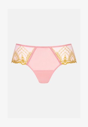 Rosa Spitzenunterwäsche mit goldener Stickerei und filigranen Mustern an den Seiten, weichem Material und modernem Schnitt für eine körpernahe Passform.