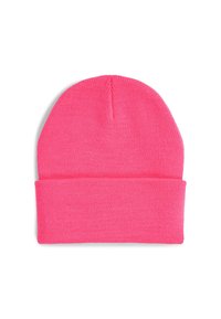 Cappello beanie rosa a maglia con risvolto, realizzato in materiale morbido ed elastico, caratterizzato da una superficie liscia e un design senza cuciture.