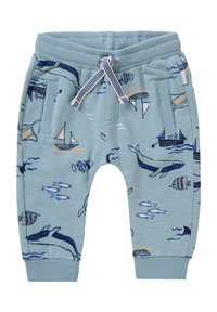 Hellblaue Jogginghosen mit einem Muster aus Walen, Fischen und Booten, mit Rippbündchen und einem verstellbaren Kordelzugbund für optimalen Sitz und Komfort.
