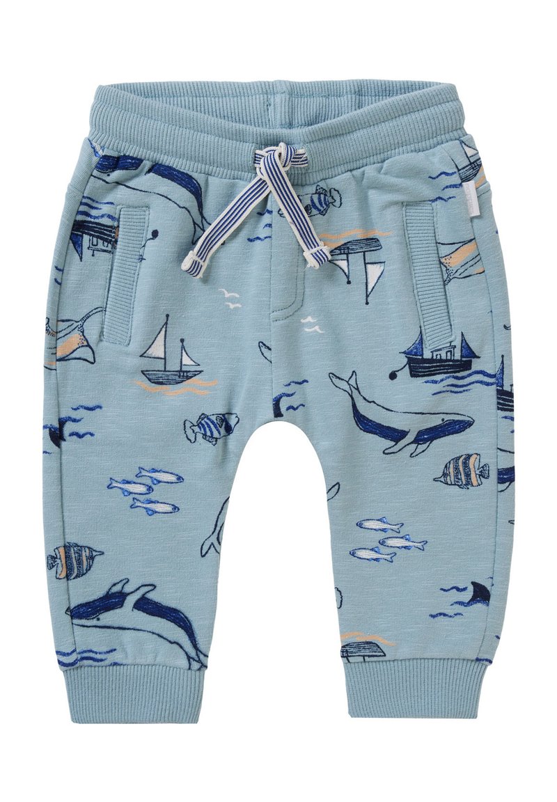 Hellblaue Jogginghosen mit einem Muster aus Walen, Fischen und Booten, mit Rippbündchen und einem verstellbaren Kordelzugbund für optimalen Sitz und Komfort.