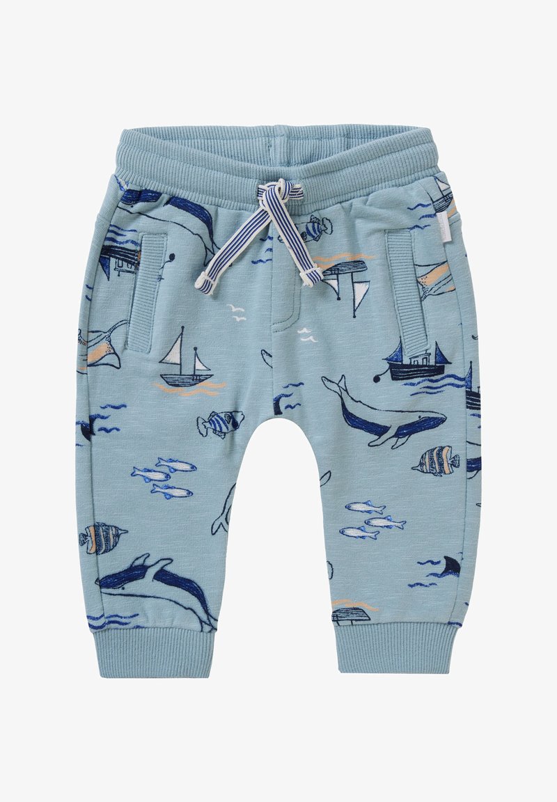Jogging bleu clair avec un motif de baleine, poisson et bateau, dotés de bords côtelés et d'une taille élastique avec cordon de serrage pour un ajustement et un confort personnalisables.