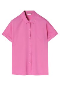 Kurzärmliges Hemd mit Knöpfen in leuchtendem Pink, aus glattem Stoff gefertigt. Es verfügt über einen klassischen Kragen und sieben Frontknöpfe.