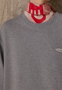 Grå sweatshirt med rund hals, med en sliten ficka och slät textur. En röd mönstrad scarf är virad runt halsen.