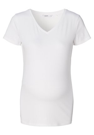 Hvid V-hals graviditet t-shirt med korte ærmer, lavet af glat, strækbart stof. Har en afslappet pasform, der er designet til komfort under graviditeten.