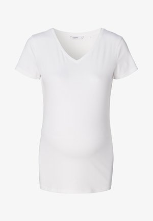 T-shirt de maternité blanc à col en V, à manches courtes, fabriqué en tissu lisse et extensible. Présente une coupe décontractée conçue pour le confort pendant la grossesse.