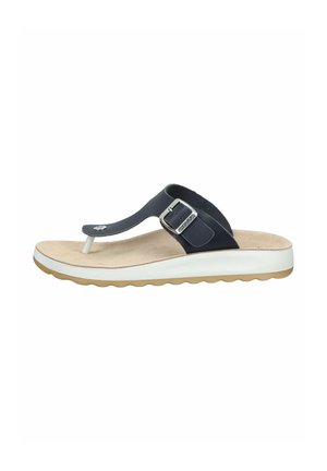 Men's black thong sandal with adjustable metal buckle, beige cushioned footbed, and white wavy sole.