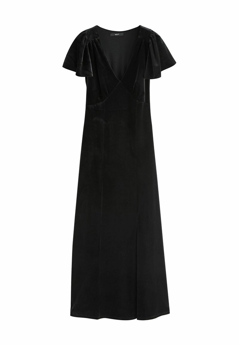 Black velvet dress with a deep V neckline, short flutter sleeves, and a straight silhouette. Features a side slit for ease of movement.