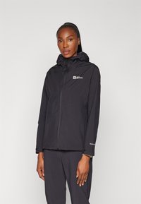 Black waterproof jacket with a hood, front zip closure, and logo on the chest. Features adjustable cuffs and a smooth, lightweight texture.