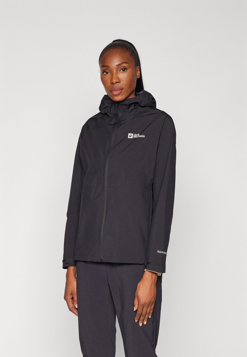 Black waterproof jacket with a hood, front zip closure, and logo on the chest. Features adjustable cuffs and a smooth, lightweight texture.