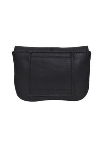 Black leather card holder with rounded edges, featuring visible stitching and a front pocket for cards or cash. Smooth texture and minimalist design.
