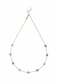 Złoty naszyjnik łańcuszkowy z naprzemiennie ułożonymi małymi różowymi i białymi okrągłymi kamieniami szlachetnymi równomiernie rozmieszczonymi wzdłuż długości.