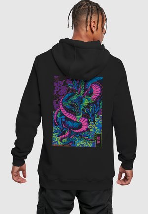 Black hoodie featuring a vibrant dragon design in pink, green, and blue on the back, surrounded by swirling patterns and accents.