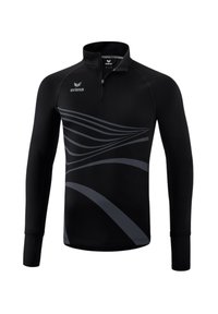 Maglietta sportiva nera a maniche lunghe con mezza zip, caratterizzata da motivi a onde grigi sulla parte anteriore, realizzata in un materiale morbido e leggero.