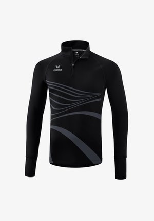 Zwarte sportshirt met lange mouwen en een halve rits, versierd met grijze golfpatronen aan de voorkant, gemaakt van een gladde, lichte stof.