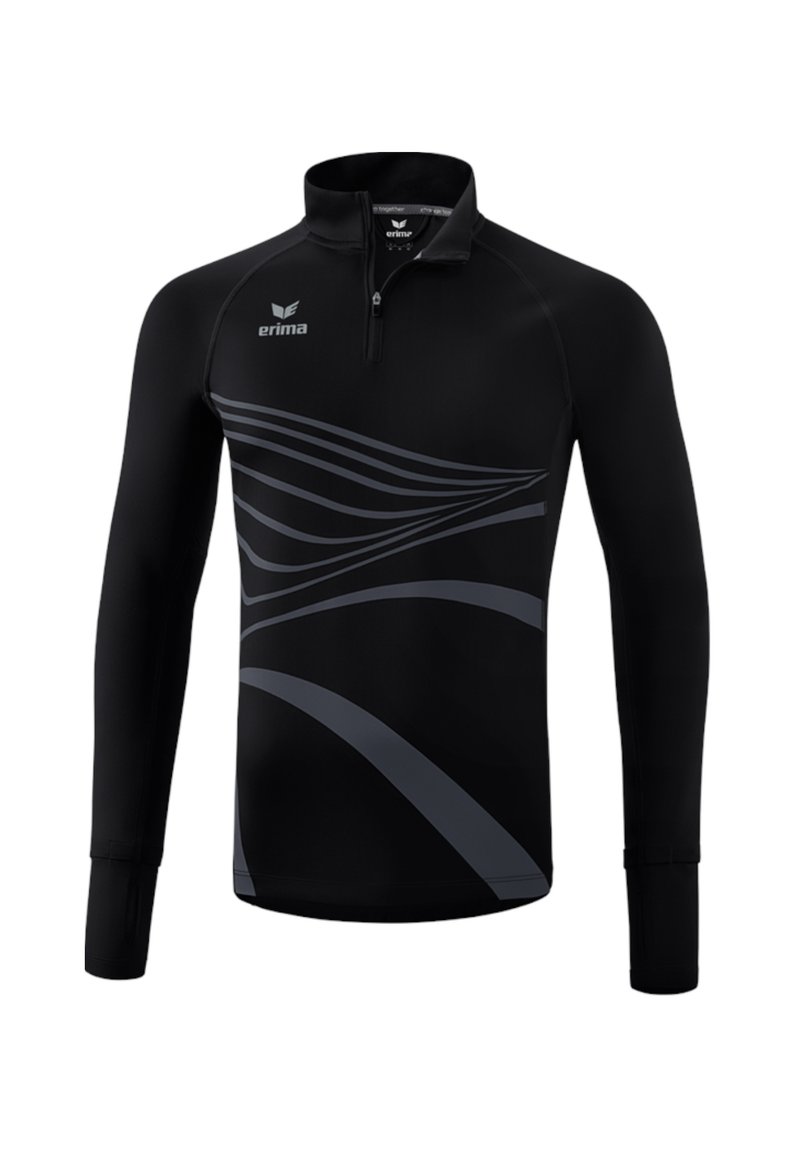 Maglietta sportiva nera a maniche lunghe con mezza zip, caratterizzata da motivi a onde grigi sulla parte anteriore, realizzata in un materiale morbido e leggero.