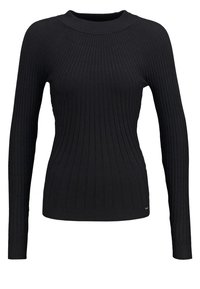 Pull noir côtelé à manches longues avec un col montant. Présente une silhouette ajustée et un motif texturé sur toute la surface. Design minimaliste.