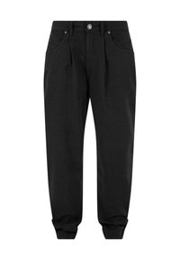 Pantalon noir à coupe décontractée, avec une fermeture à bouton, deux poches avant et des poignets élastiqués pour plus de confort. Texture de tissu lisse.