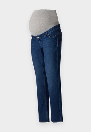 Maternity jeans with a light gray elastic waistband and blue denim fabric. Skinny fit, straight cut with a frayed hem at the bottom.