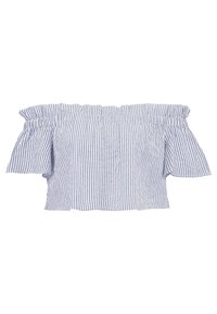 Zkrácený top s odhalenými rameny v modro-bílých svislých pruzích, s volánkovým výstřihem a vypouklými krátkými rukávy. Lehká tkanina.