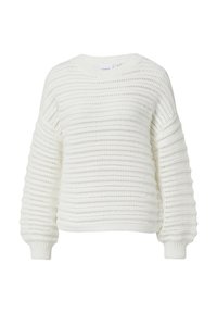 Weißer gestrickter Pullover mit lockerer Passform, gerippten Bündchen und strukturierten horizontalen Streifen. Weiche, dicke Strickkonstruktion.