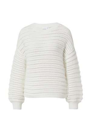 Pull en tricot blanc avec une coupe décontractée, des poignets côtelés et des rayures horizontales texturées. Construction en tricot doux et épais.
