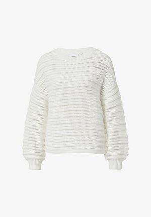 Pull en tricot blanc avec une coupe décontractée, des poignets côtelés et des rayures horizontales texturées. Construction en tricot doux et épais.