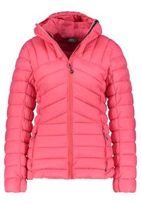 Růžová prošívaná bunda se zipem vpředu, má kapuci, chevronové prošívání a elastické manžety. Obsahuje boční kapsy a má lehký design.