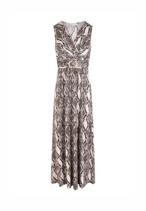 Sleeveless, V-neck maxi dress with snake print pattern and a matching belt featuring a rectangular buckle at the waist.
