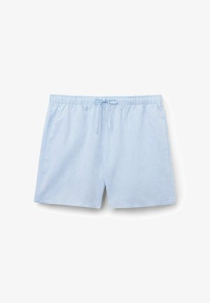 Jasnoniebieskie męskie szorty z elastycznym paskiem w talii i przednim sznurkiem, bocznymi kieszeniami i luźnym krojem.