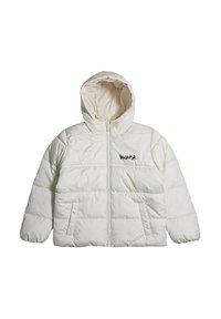 Giacca a vento bianca trapuntata con cappuccio, zip frontale, tasche laterali e logo nero "DISCLAIMER" sul petto.