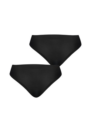 Zwei schlichte schwarze nahtlose Slips vor weißem Hintergrund.