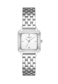 Montre en acier inoxydable carré avec un bracelet à maillons argenté, un cadran blanc, des index horaires minimalistes et un petit logo en bas.