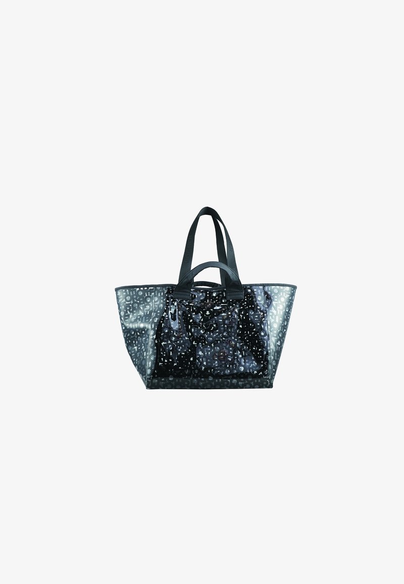 Przezroczysta torba na ramię z czarnymi akcentami, posiadająca geometryczny wzór, mocne uchwyty i przestronne wnętrze. Trwały i uniwersalny design.