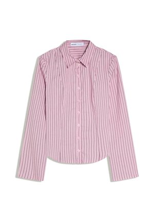 Light pink long-sleeve button-up shirt with vertical white and purple stripes and a pointed collar, laid flat on white background.