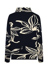 Marinefarbener Strickpullover mit cremefarbenem Blumenmuster, langen Ärmeln und Kragen. Glatte Textur, lässige Passform und Saum endet auf Hüfthöhe.