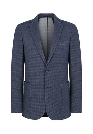 Teksturowana granatowa marynarka z wycięciem na klapach, pojedynczym zapięciem na guzik, dwiema przednimi kieszeniami oraz subtelnym wzorem, oferująca dopasowaną sylwetkę.