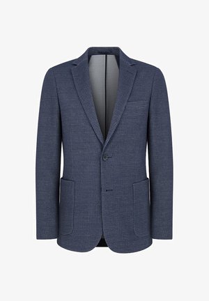 Teksturowana granatowa marynarka z wycięciem na klapach, pojedynczym zapięciem na guzik, dwiema przednimi kieszeniami oraz subtelnym wzorem, oferująca dopasowaną sylwetkę.