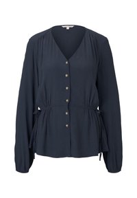 Námořnická modrá blůza s dlouhým rukávem, výstřihem do V, knoflíkovým zapínáním, stahovacími šňůrkami v pase a řasením na ramenou a rukávech.