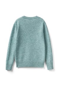 Jasnoniebieski sweter dziewiarski z długimi rękawami, ribbowanymi mankietami, dołem i kołnierzem, widoczny z tyłu na białym tle.
