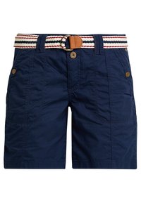 Pantalones cortos casuales azul marino con detalles de botones, bolsillos frontales, trabillas para cinturón y un cinturón de tela a rayas con hebilla de cuero y metal.