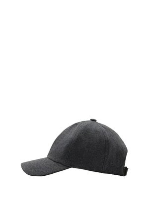 Cappellino da baseball in tessuto grigio scuro con visiera curva e cinturino regolabile sul retro, mostrato su uno sfondo bianco.