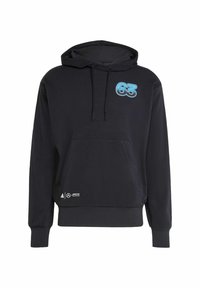 Haut à capuche noir en tissu doux, avec un logo "63" bleu sur la poitrine et une poche kangourou à l'avant. Comprend des poignets et un ourlet côtelés.