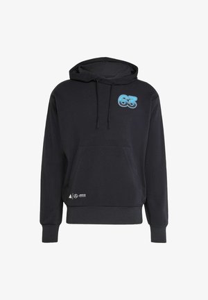 Schwarzer Hoodie aus weichem Stoff, mit einem blauen "63"-Logo auf der Brust und einer vorderen Kängurutasche. Mit gerippten Bündchen und Saum.