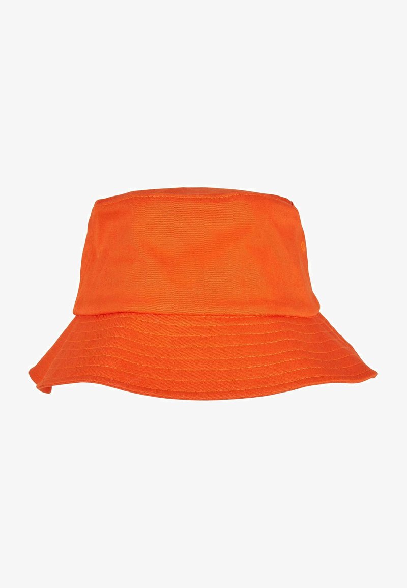 Orange bucket hat made of cotton fabric. Features a wide brim and a structured top. The texture is smooth with visible stitching accents.