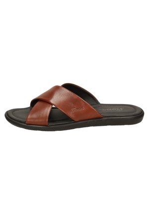 Sandale homme en cuir marron à enfiler avec deux lanières croisées et semelle noire coussinée, vue de côté.